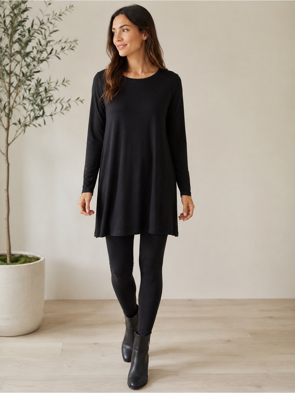 Wool& Black Merino Wool Swing Tunic Dress Top Long Sleeve Size Large